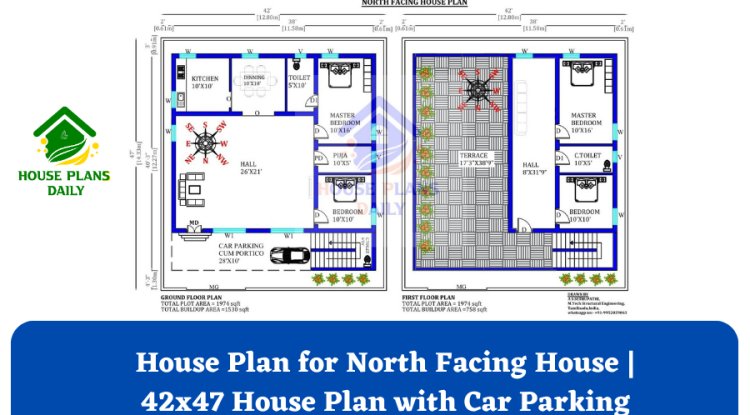 House Plan for North Facing House | 42x47 House Plan with Car Parking
