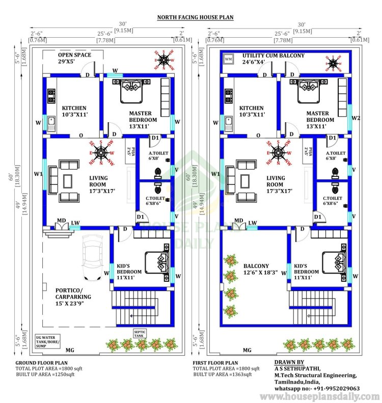 30x60 North Facing House Plans 2bhk | 2 Bedroom Home