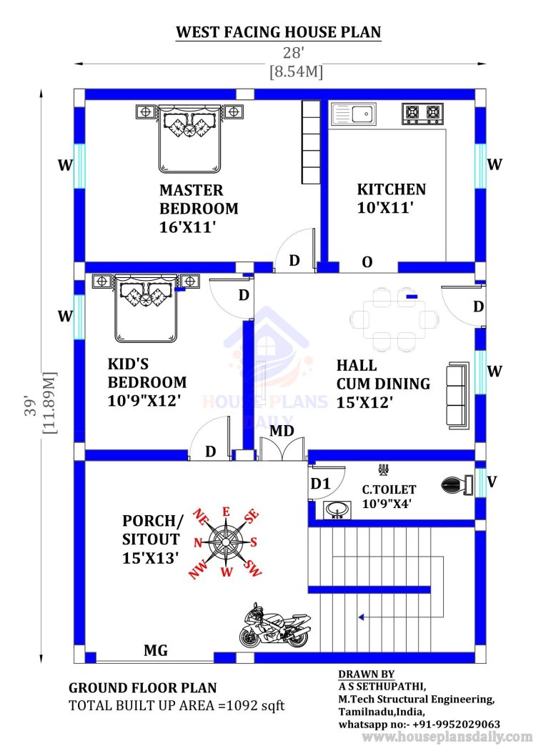 West Facing House Plan with Elevation Design | 2 Bedroom Home Design