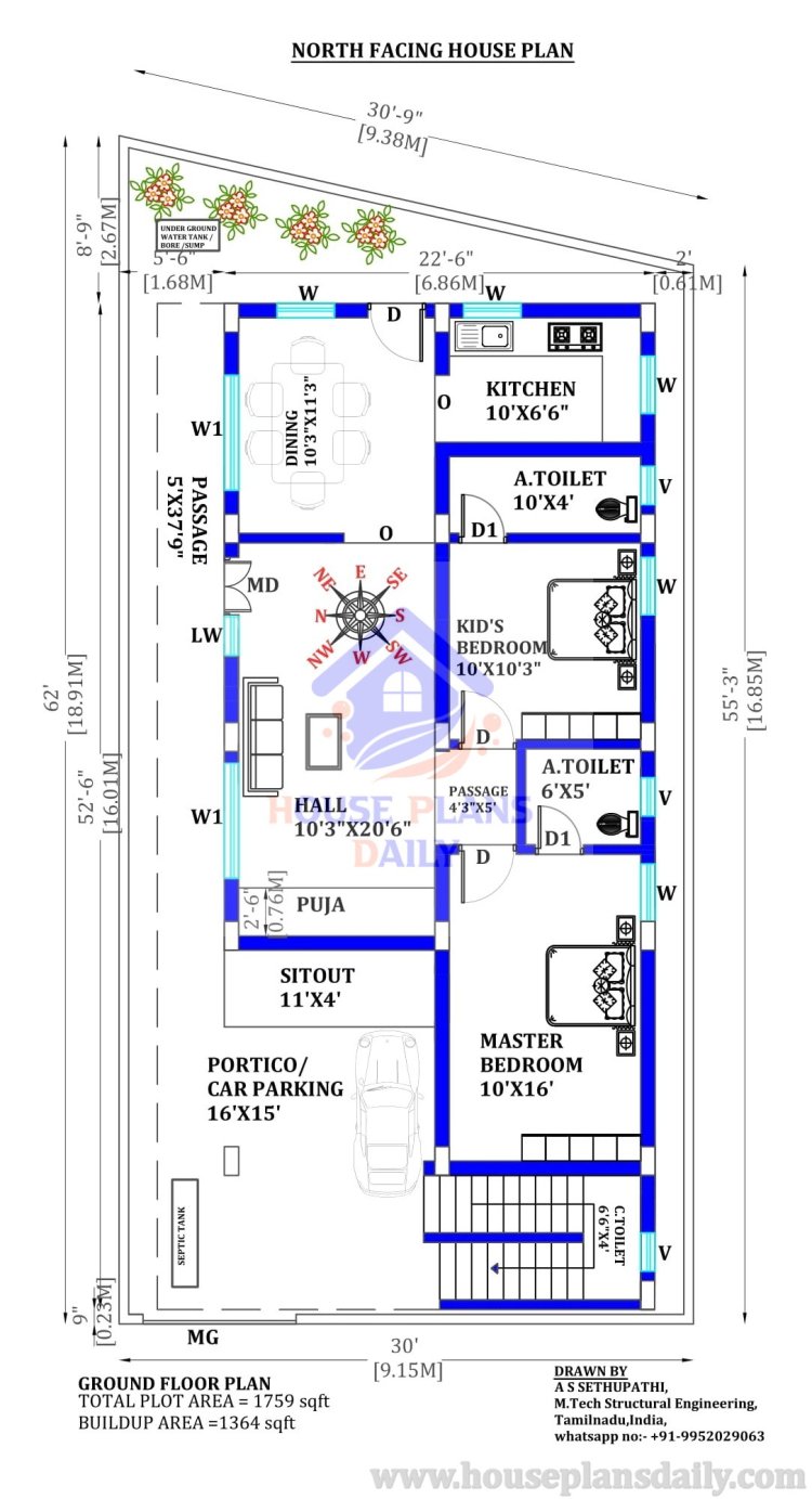 North Facing Vastu House Plan | 3BHK Homes - House Plan and Designs ...