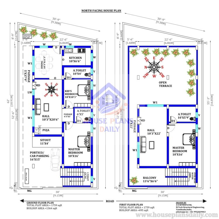 North Facing Vastu House Plan | 3BHK Homes