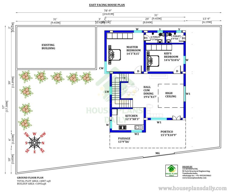 High Ceiling Modern Living Room House Design | East Facing House