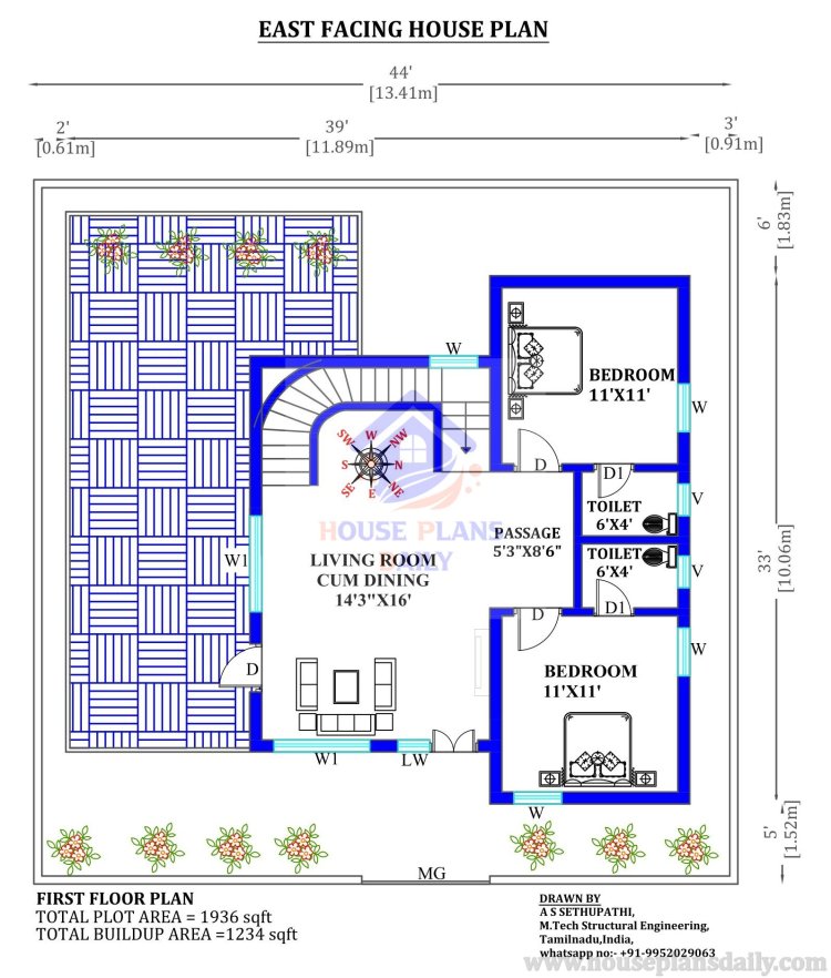Duplex House Plan East Facing | House Plan for East Facing | 2000 sqft house plan