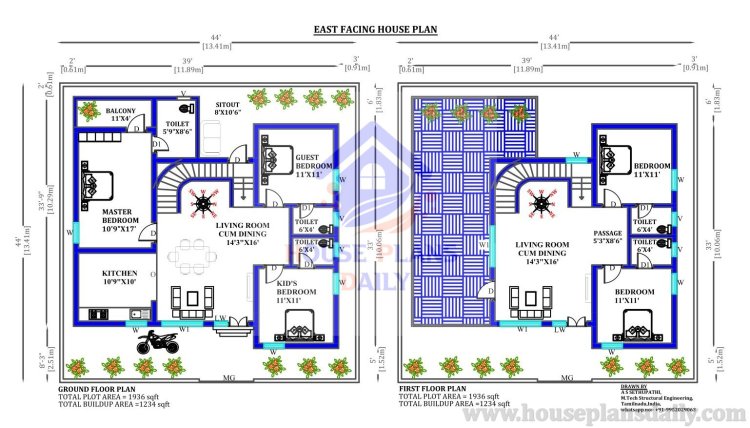 Duplex House Plan East Facing | House Plan for East Facing | 2000 sqft house plan