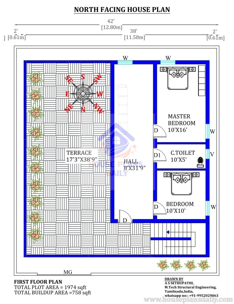 House Plan for North Facing House | 42x47 House Plan with Car Parking