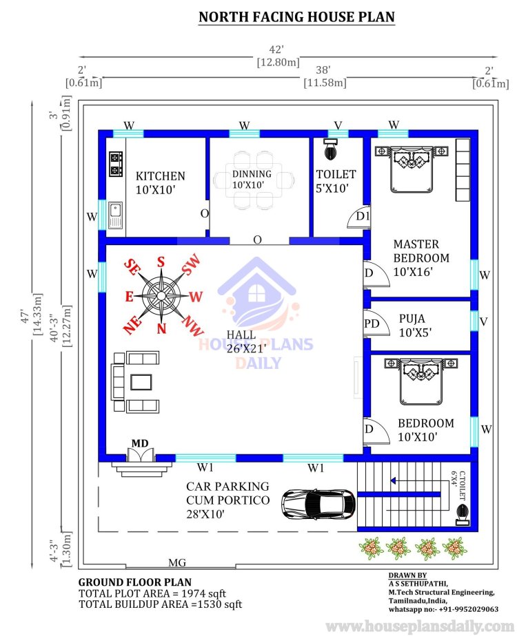 House Plan for North Facing House | 42x47 House Plan with Car Parking