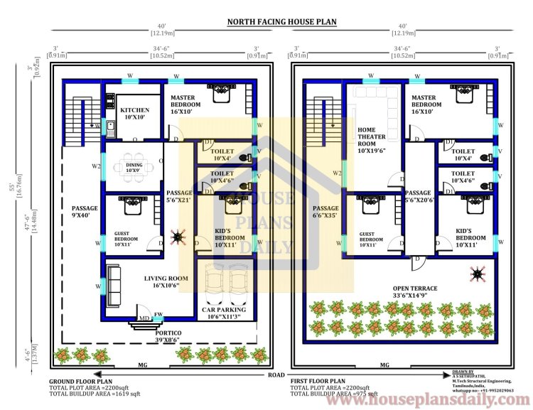 40x55 House Plan | 6bhk House Plan | North Face Home