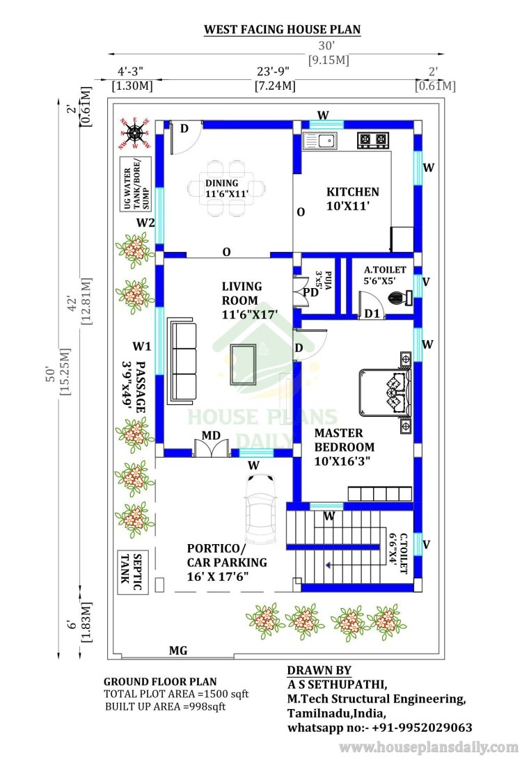 30x50 House Plan | Single Story House Plan | One Bedroom House Design Plans