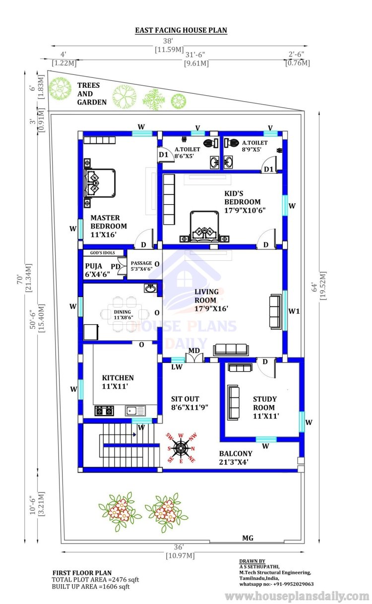 2500 Sqft House Plan | East Facing Home | 2 Bedroom Home Plan