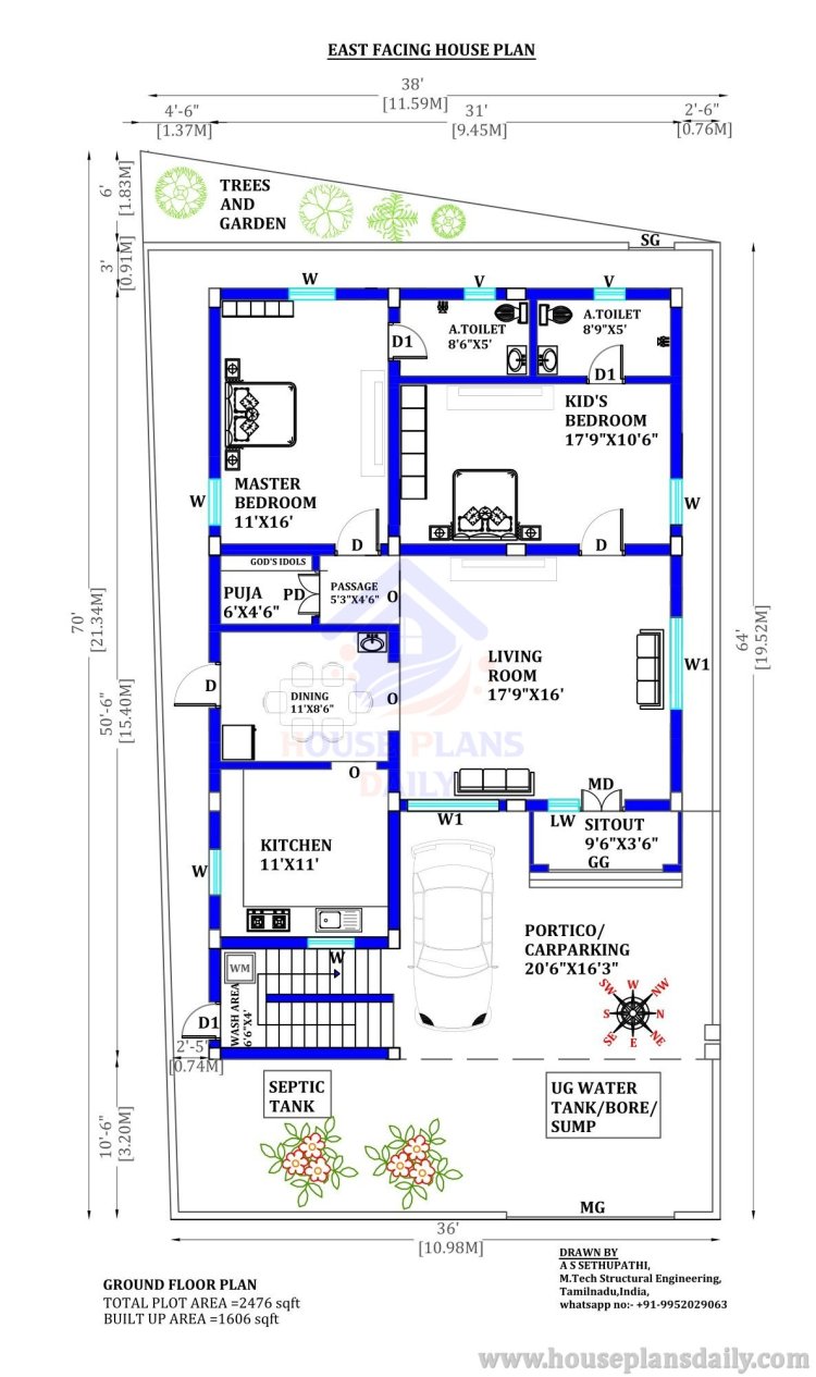 2500 Sqft House Plan | East Facing Home | 2 Bedroom Home Plan