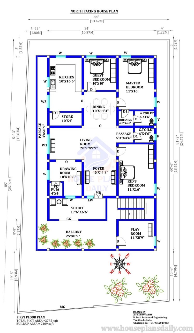 2bhk East Facing House Plan | G+2 House Plan | 3 Story House Plan