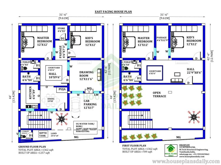 Home Floor Plans with Courtyard | East Facing House Vastu Plan