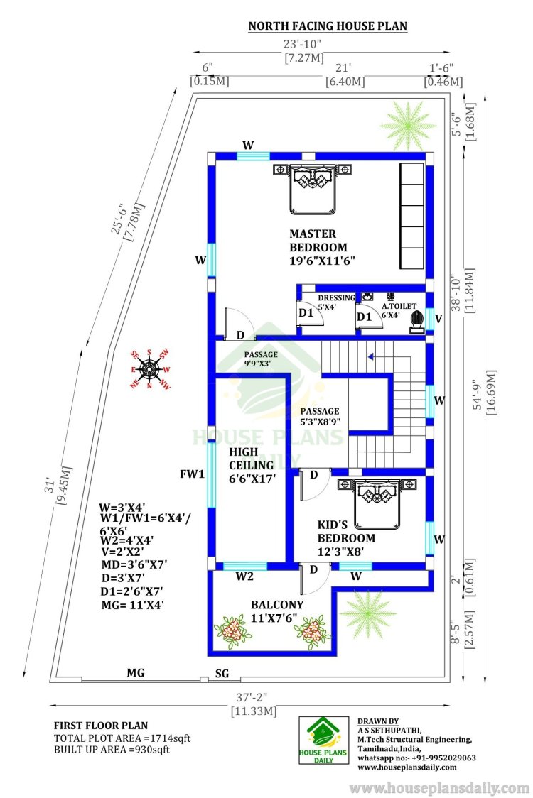 North Facing House Vastu Plan | High Ceiling House Design