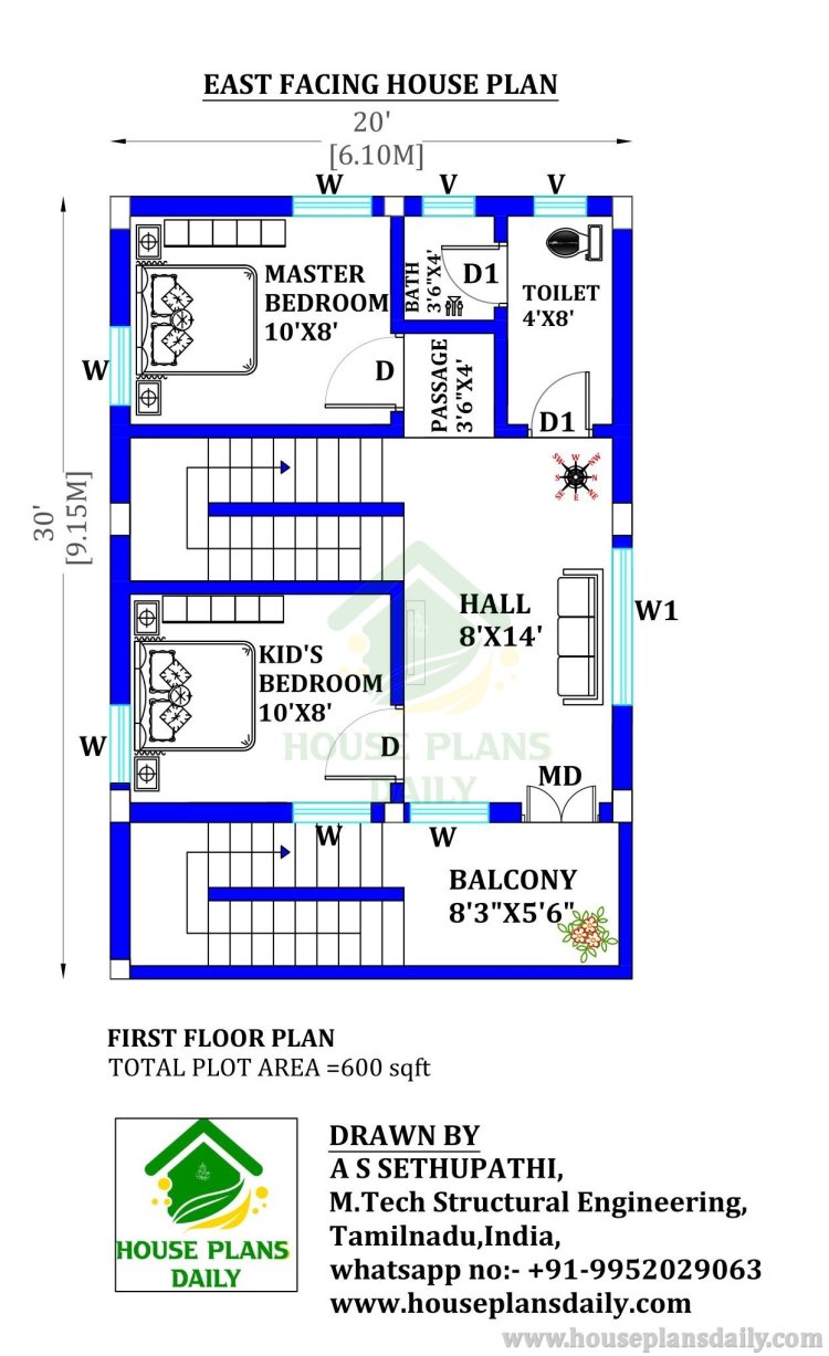 3BHK House Plan | 20 By 30 House Plan
