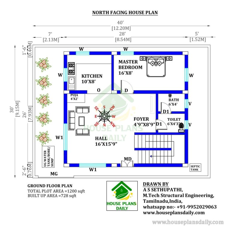 40x30 House Plan | 2BHK Duplex House | North Facing Duplex House