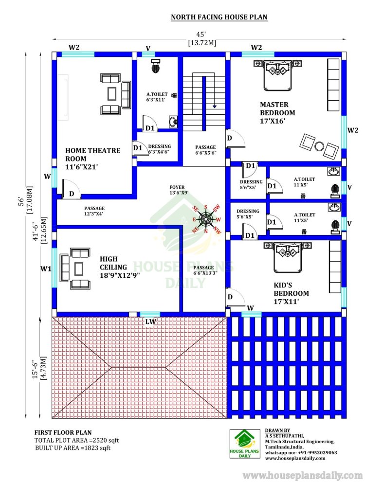 Modern Floor Plan with High Ceiling | Vastu Shastra House Facing North