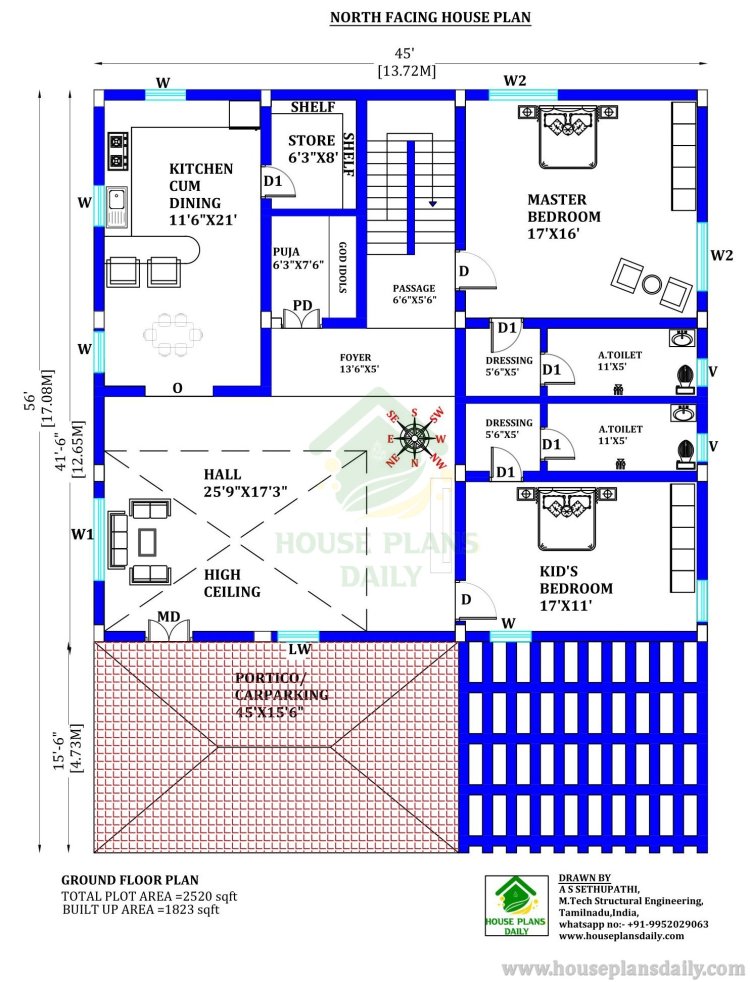 Modern Floor Plan with High Ceiling | Vastu Shastra House Facing North