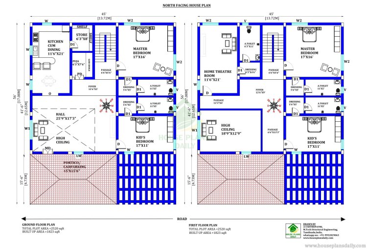Modern Floor Plan with High Ceiling | Vastu Shastra House Facing North
