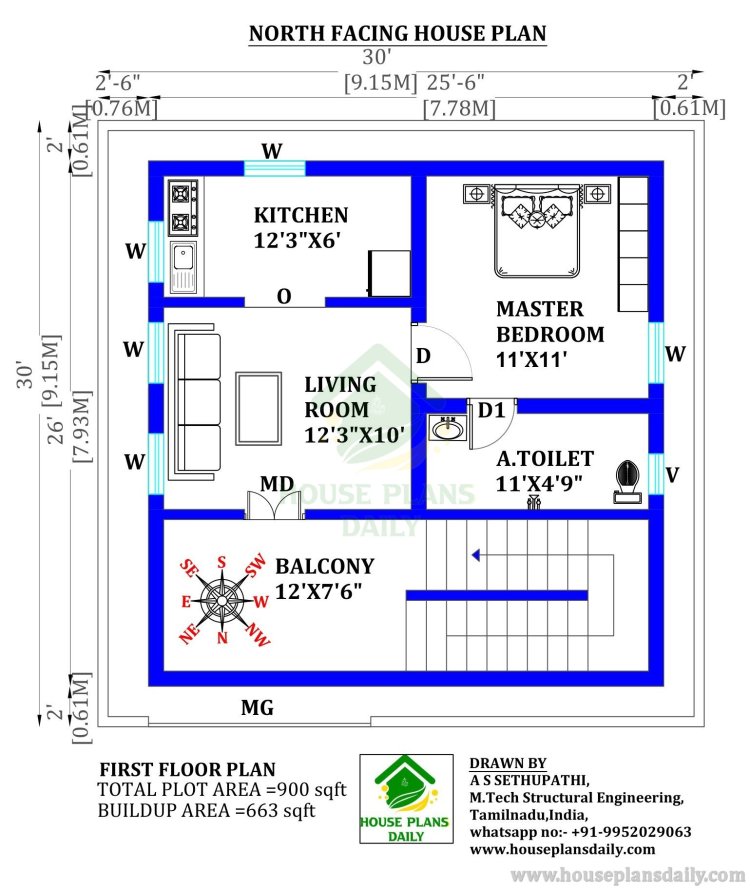 900 Sqft House Plan | 30 By 30 House Plan | 2bhk House Plan North Facing