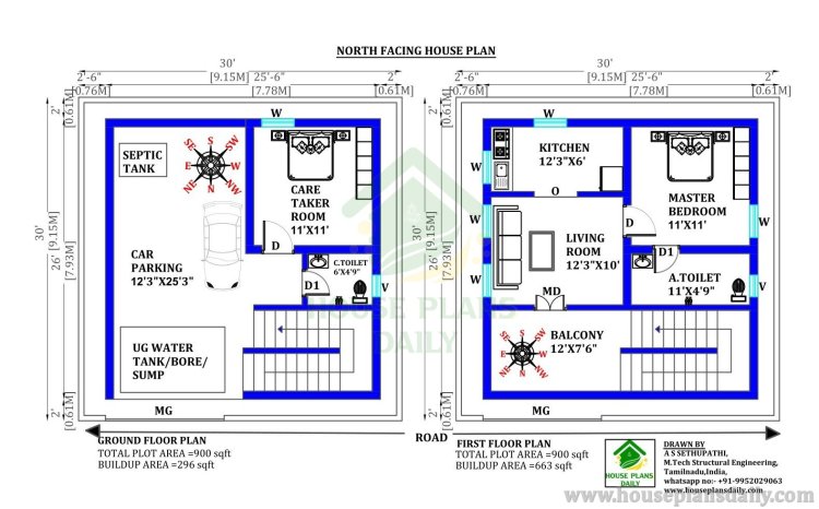 900 Sqft House Plan | 30 By 30 House Plan | 2bhk House Plan North Facing