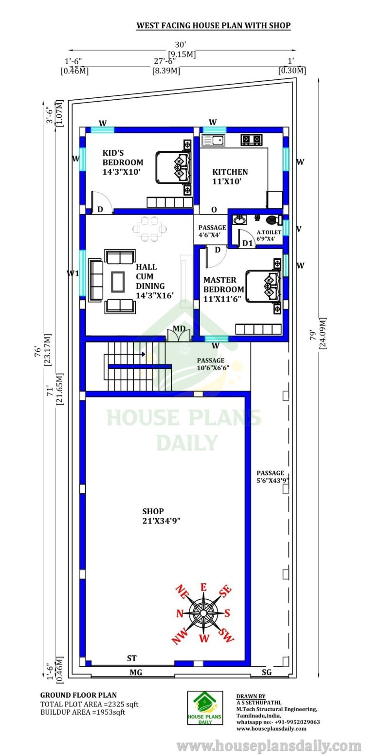 West Facing House Plan with Shop | East Facing House | West Facing House