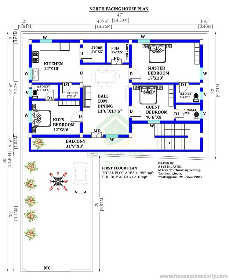 3 Room House | 2000 SQFT House Plan | North Facing House