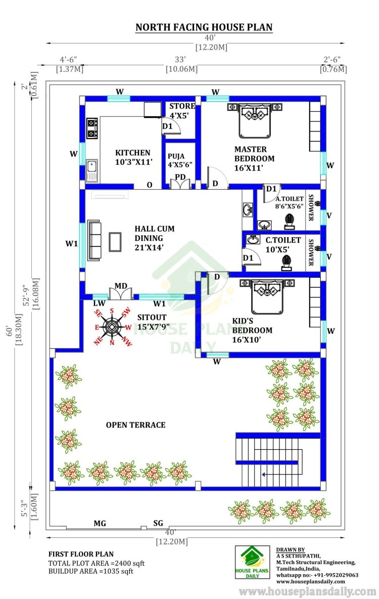 North Facing Vastu Plan | 2bhk Home Design | 2400 Sqft House