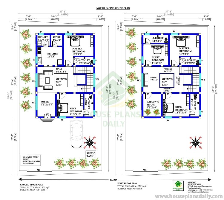 5 BHK House Design | Duplex House Plan | House Vastu North Facing