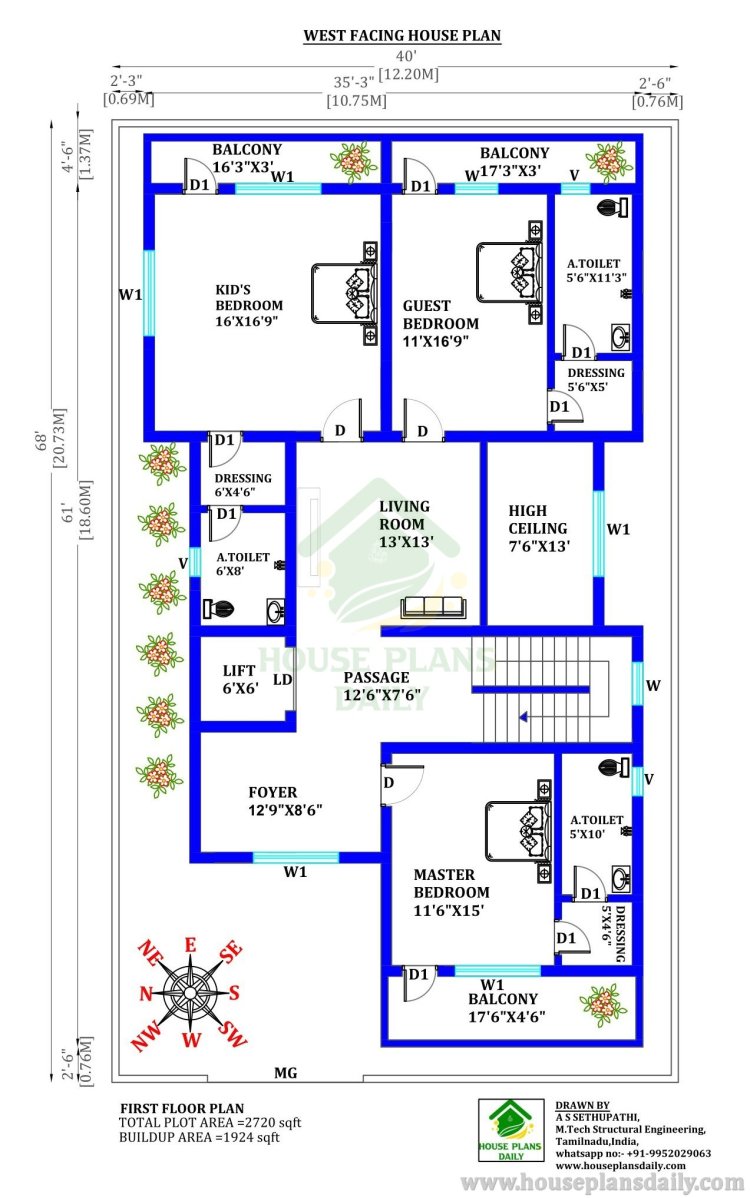 4 BHK House Plan |West Facing Duplex House Plans | 2800 SQFT House Plan