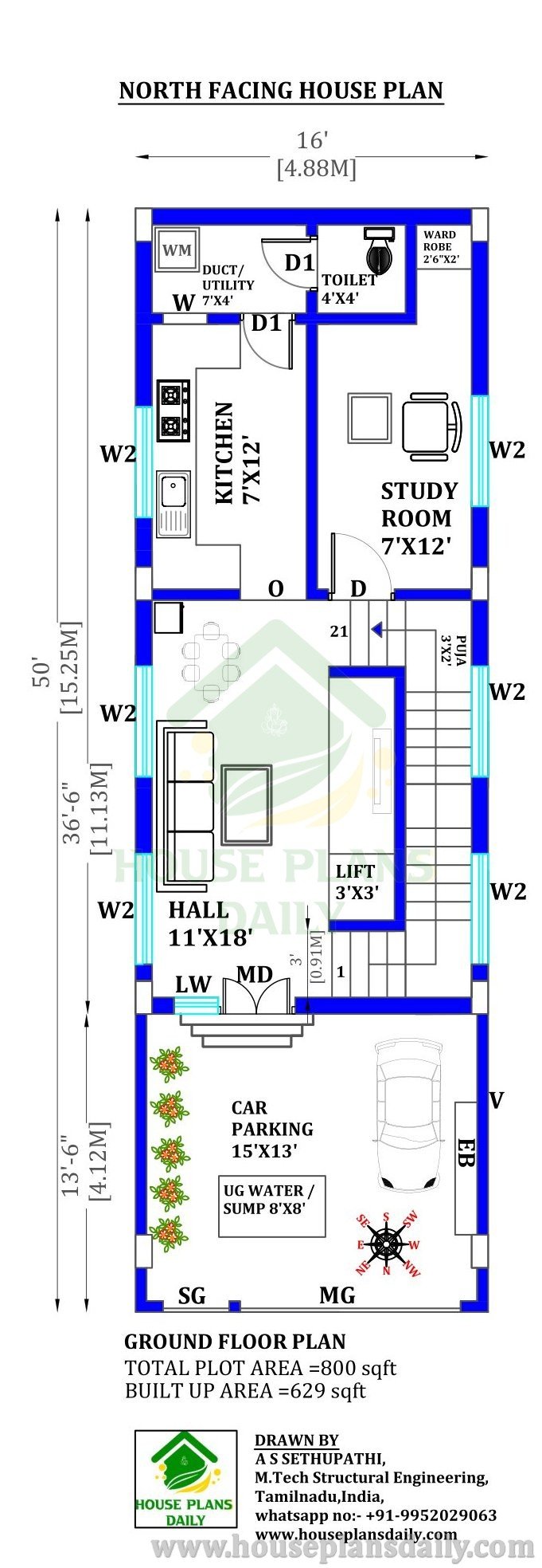 3BHK Duplex House Plan | North Facing Vastu Plan | 800 SQFT Home