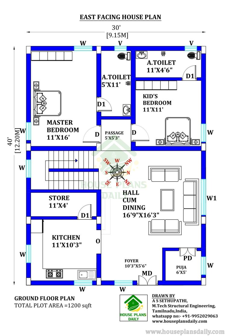 30x40 Duplex House Plan | East Facing House Plan | 1200 SQFT House