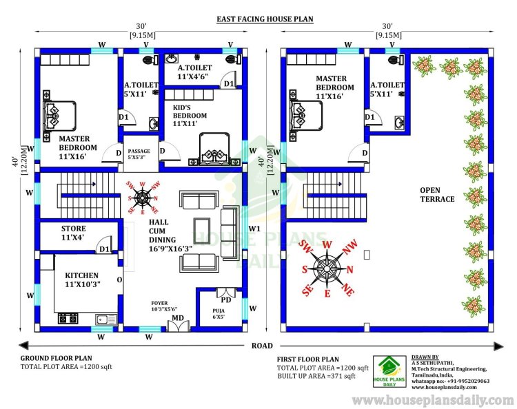 30x40 Duplex House Plan | East Facing House Plan | 1200 SQFT House