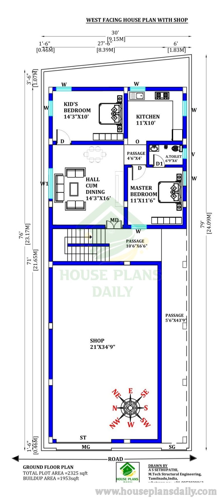 House Plan with Shop | 2BHK West Facing House Plan | Shop House Plan
