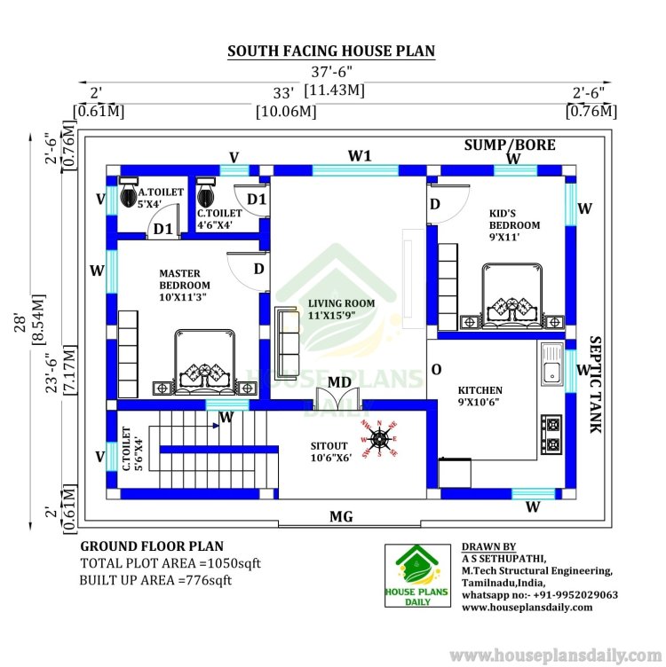 SOUTH FACING HOUSE PLAN WITH ELEVATION AND STRUCTURAL DRAWING