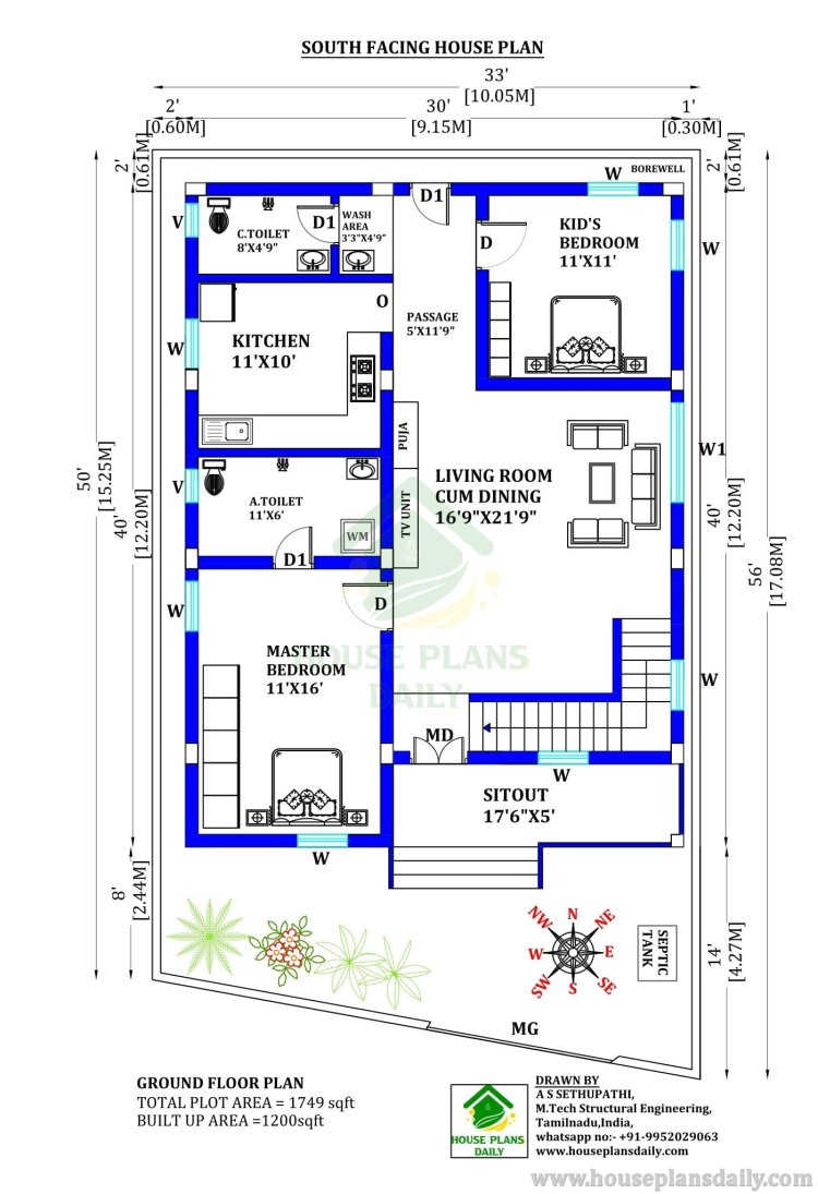 SOUTH FACING DUPLEX PLAN WITH ELEVATION | 1200 SQFT STRUCTURAL DRAWING