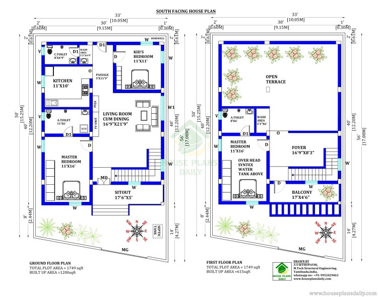 SOUTH FACING DUPLEX PLAN WITH ELEVATION | 1200 SQFT STRUCTURAL DRAWING