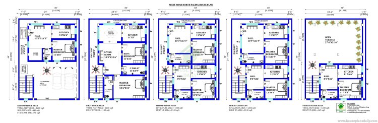 30X40 WEST FACING HOUSE PLANS WITH G+4 AND STRUCTURAL DESIGNS