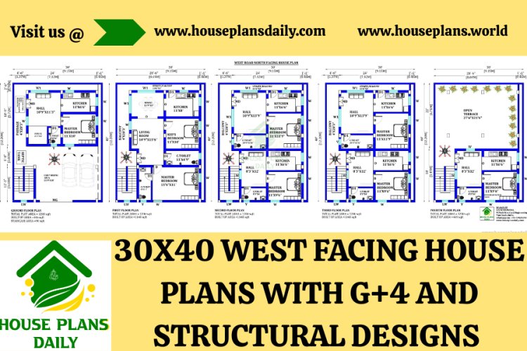 30X40 WEST FACING HOUSE PLANS WITH G+4 AND STRUCTURAL DESIGNS