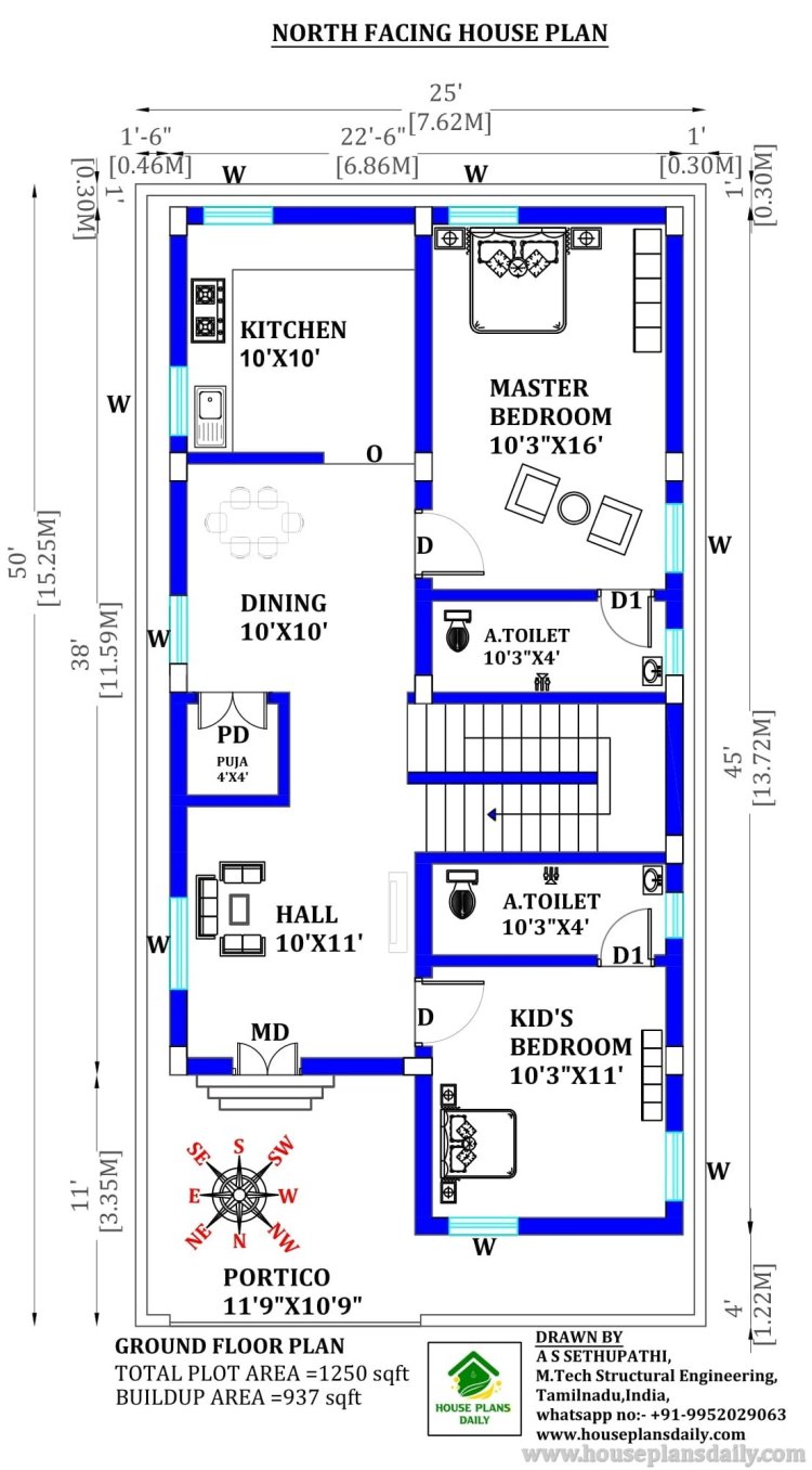 3BHK HOME DUPLEX LAYOUT | NORTH FACING VASTU HOUSE PLAN
