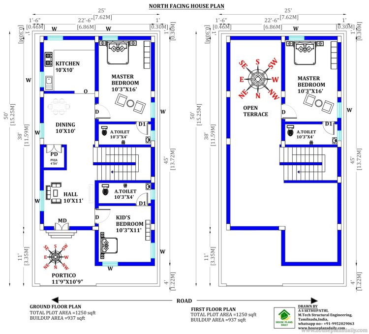 3BHK HOME DUPLEX LAYOUT | NORTH FACING VASTU HOUSE PLAN