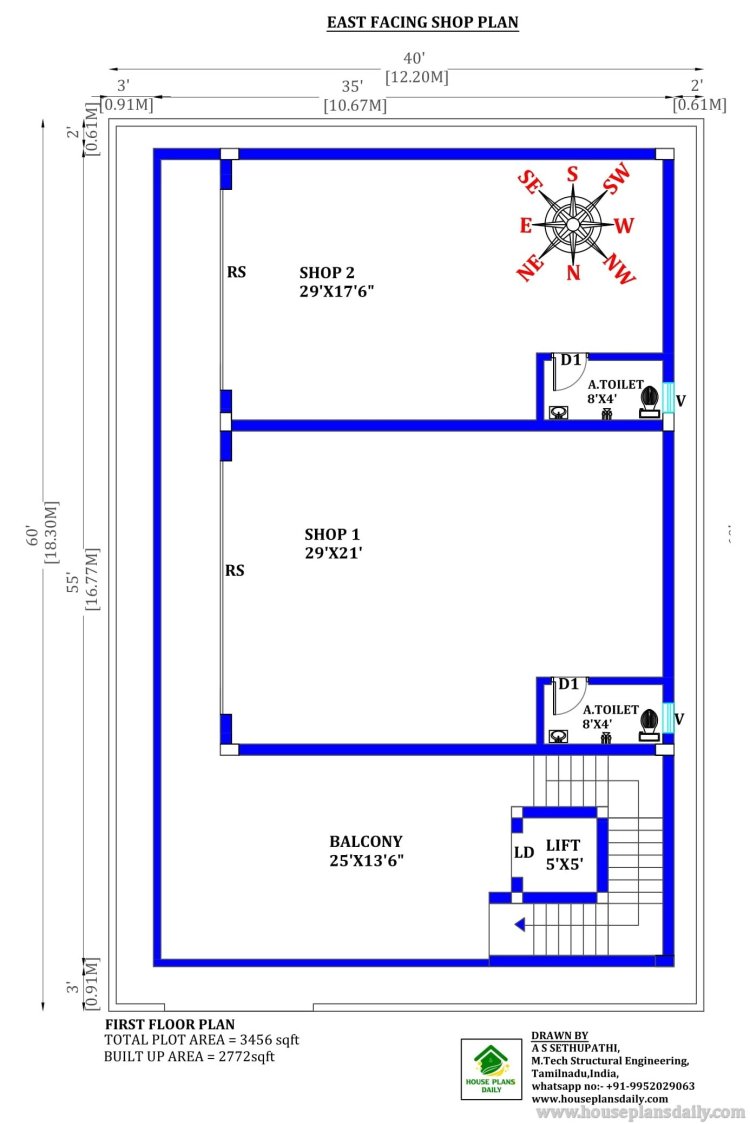 COMMERCIAL AND RESIDENTIAL BUILDING PLANS | EAST FACING SHOP PLAN