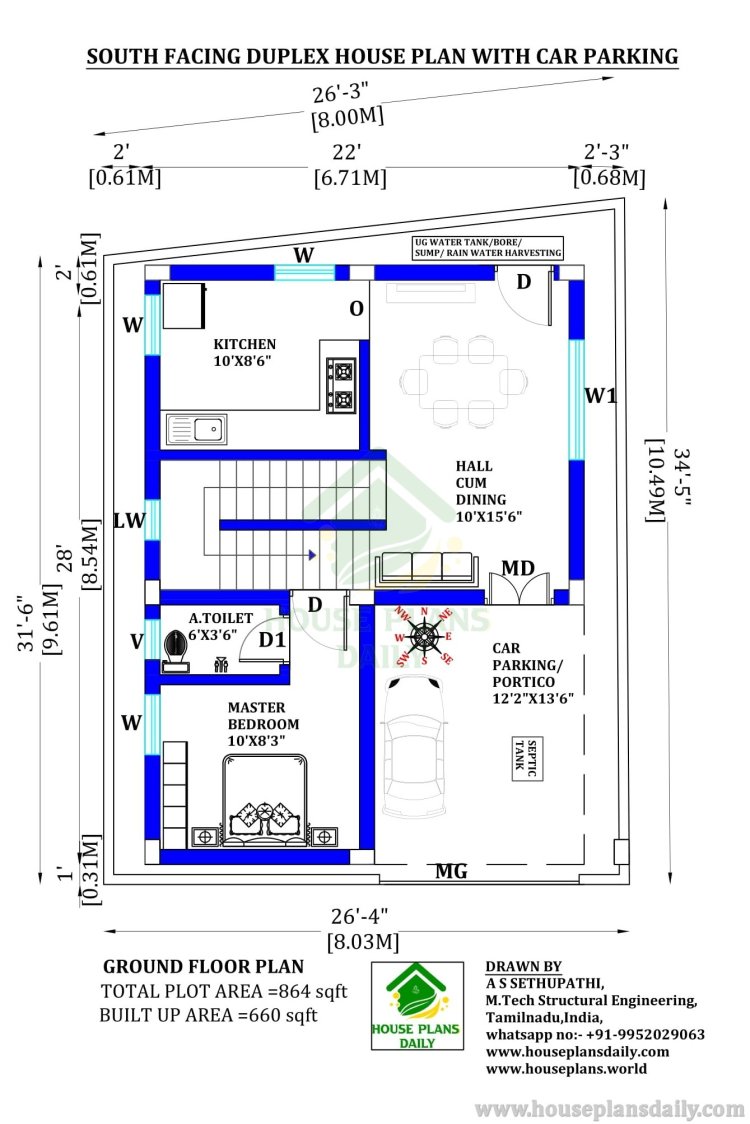SOUTH FACING DUPLEX HOUSE PLAN | SMALL DUPLEX WITH MODERN ELEVATION