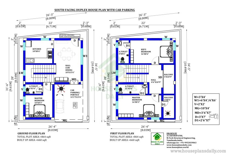 SOUTH FACING DUPLEX HOUSE PLAN | SMALL DUPLEX WITH MODERN ELEVATION