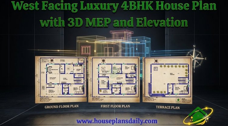 West Facing Luxury 4BHK House Plan with 3D MEP and Elevation