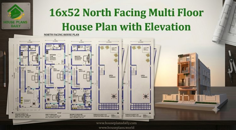 16x52 North Facing Multi Floor House Plan with Elevation
