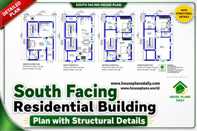 South Facing Residential Building Plan with Structural Details | Duplex House