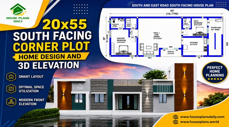 20x55 South Facing Corner Plot Home Design and 3D Elevation